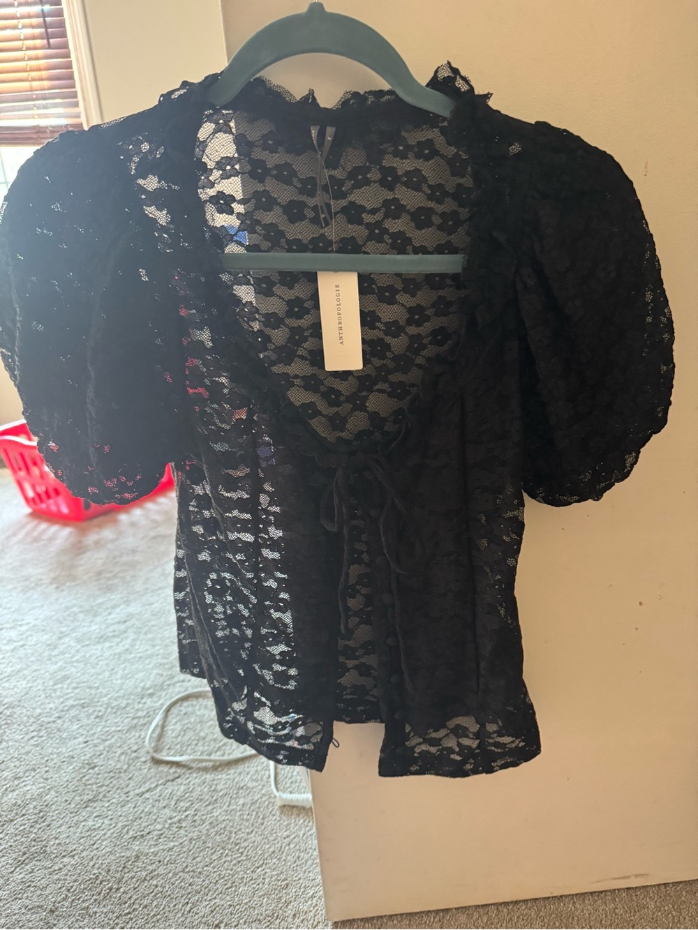 Anthropologie Black Sheer Lace Puff-Sleeve Blouse - Picture 3 of 6